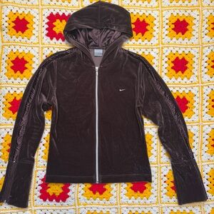 Nike Vintage Woman's Velour Zip Up Track Jacket Med Chocolate Brown Stripe Y2K